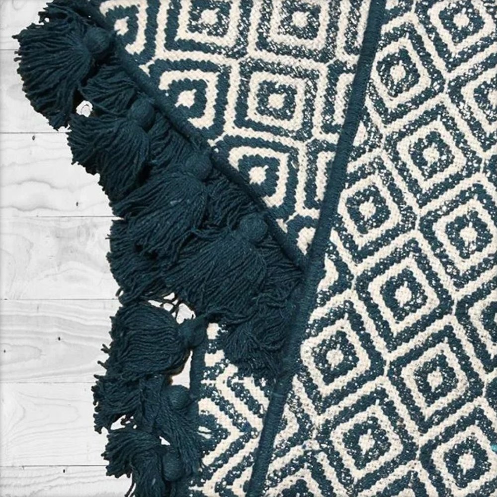 NWT Better Homes and Gardens Accent Rug Teal White Geometric Metallic Tassels
